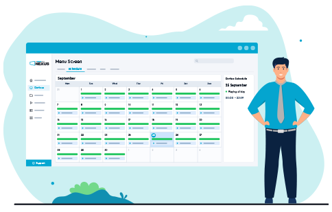 Nexus scheduling calendar showing content playback slots across a month