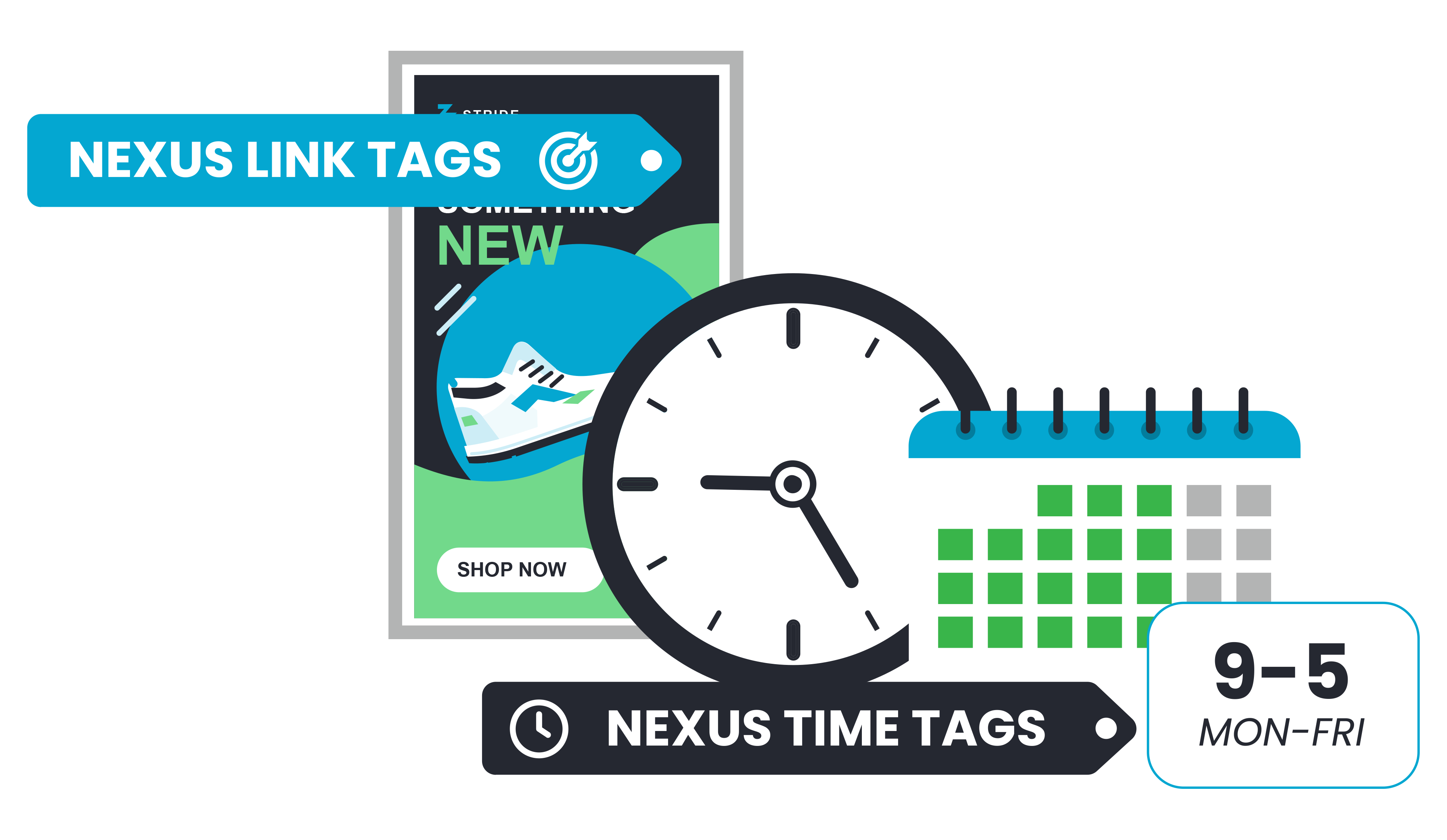 Nexus Link Tags connect content to screens, while Time Tags schedule playback from 9 to 5, Monday to Friday
