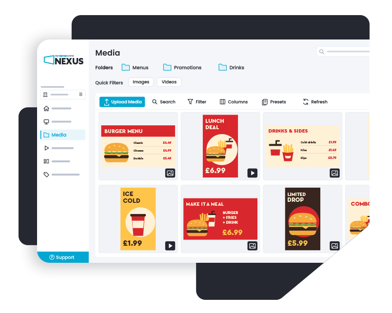 Nexus media library with a grid of menu and promotional content, search and filtering tools