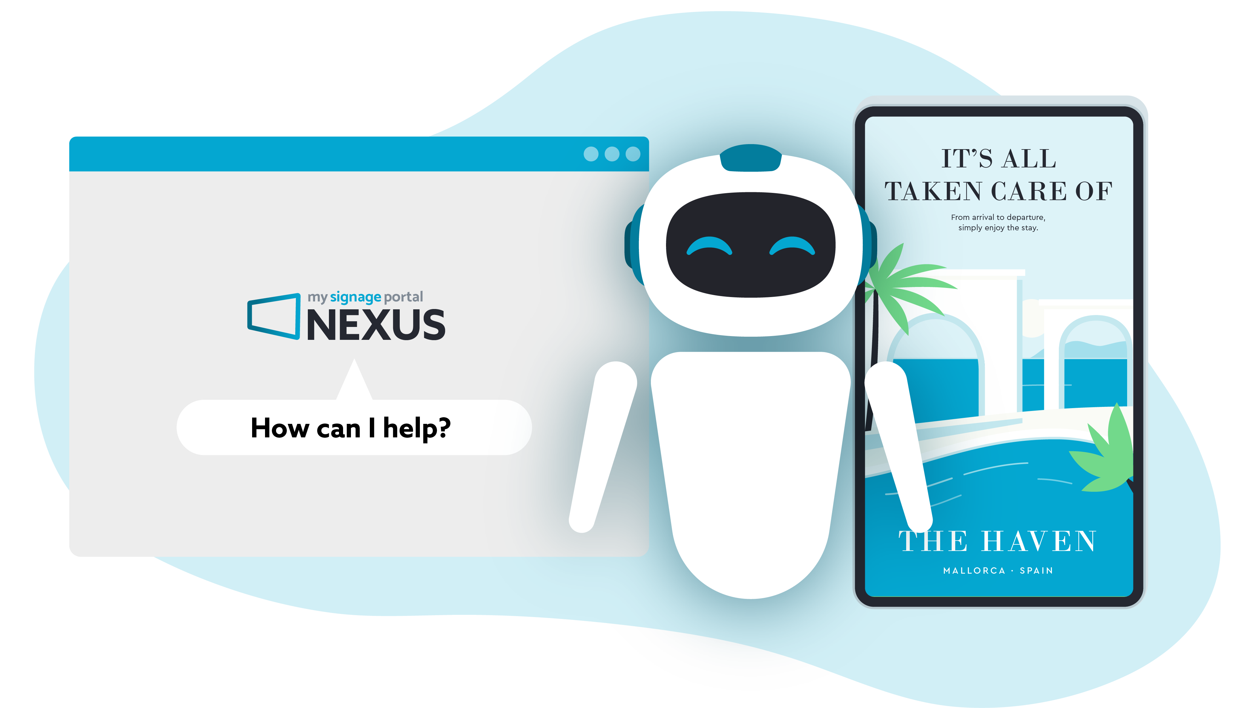 Nexus AI Agent offering help beside a digital signage display