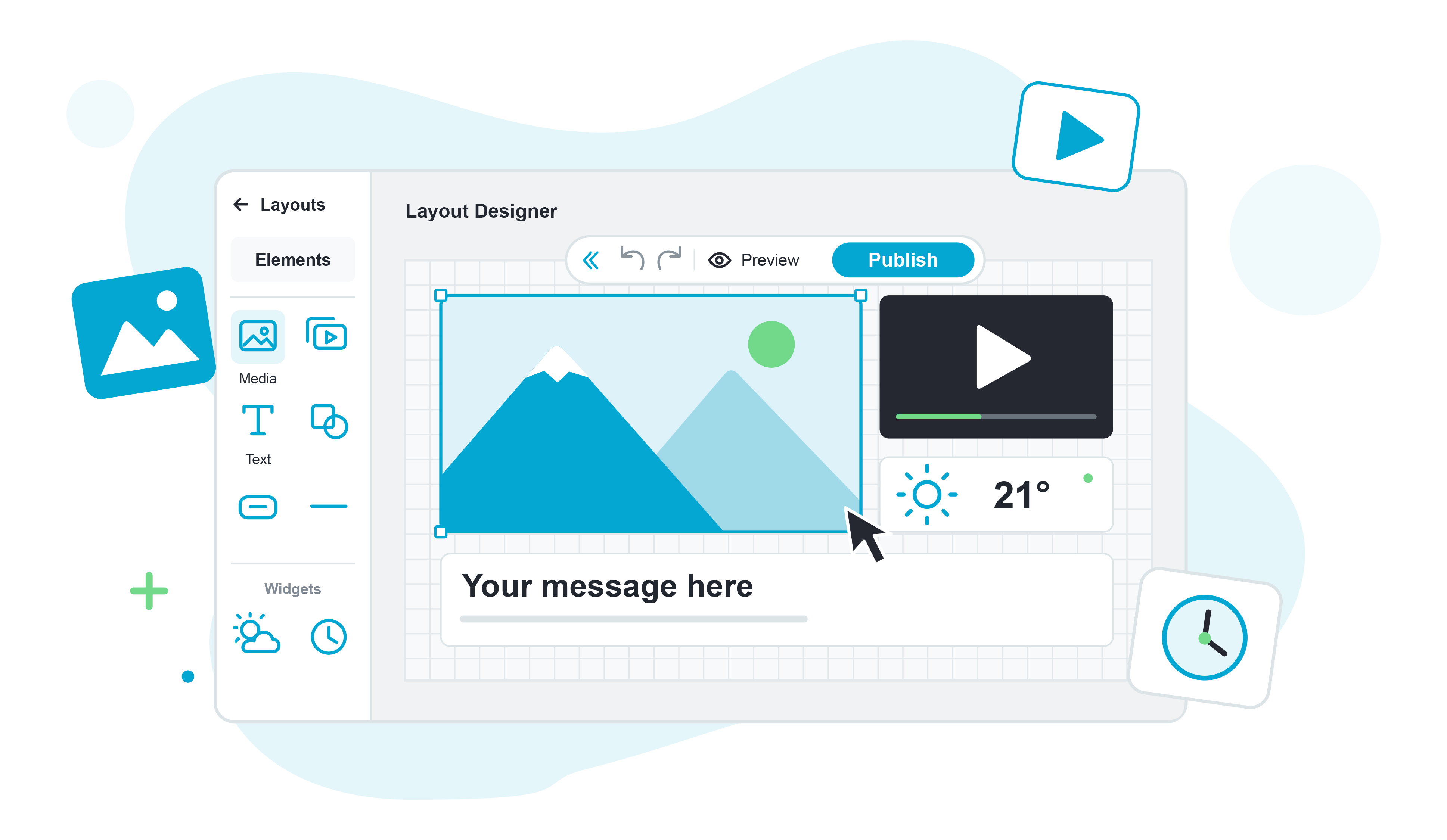 Nexus Layout Designer combining images, video, text and weather widgets in a multi-zone screen layout