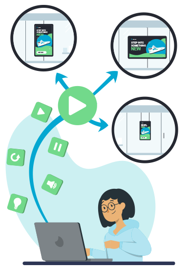 Control playback on multiple digital signage screens remotely from a laptop