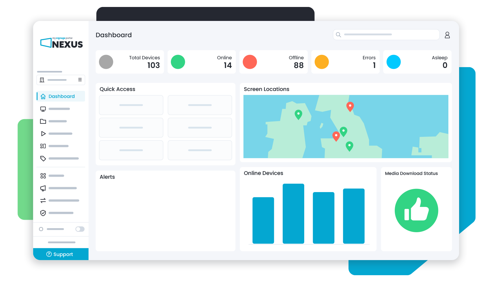 MSP Nexus dashboard showing device status, screen locations and quick access tools